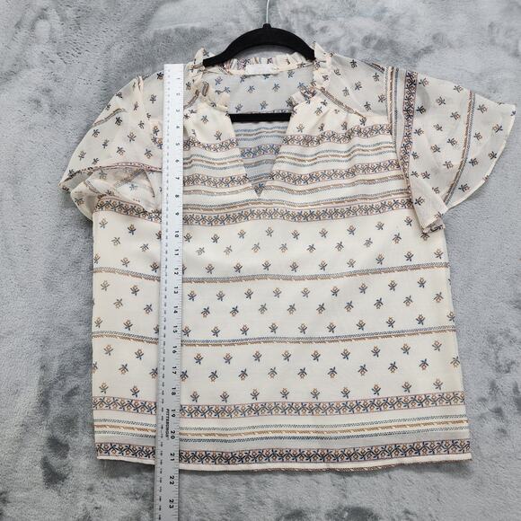 Sage The Label Top Womens M Cream Floral Collared V-Neck Pullover Flutter Sleeve - Picture 7 of 8